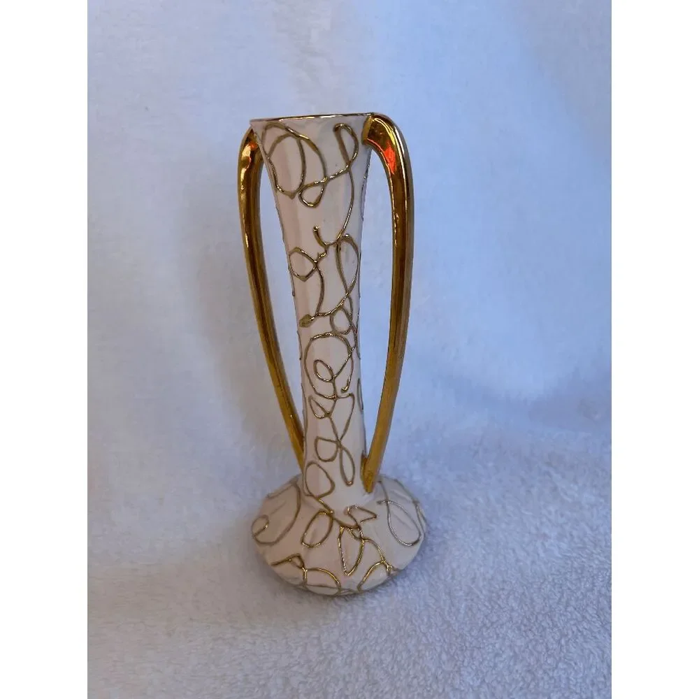 Lefton Ceramic Bud Vase Pastel Pink w/Gold Swirls, Small, Art Deco, Delicate